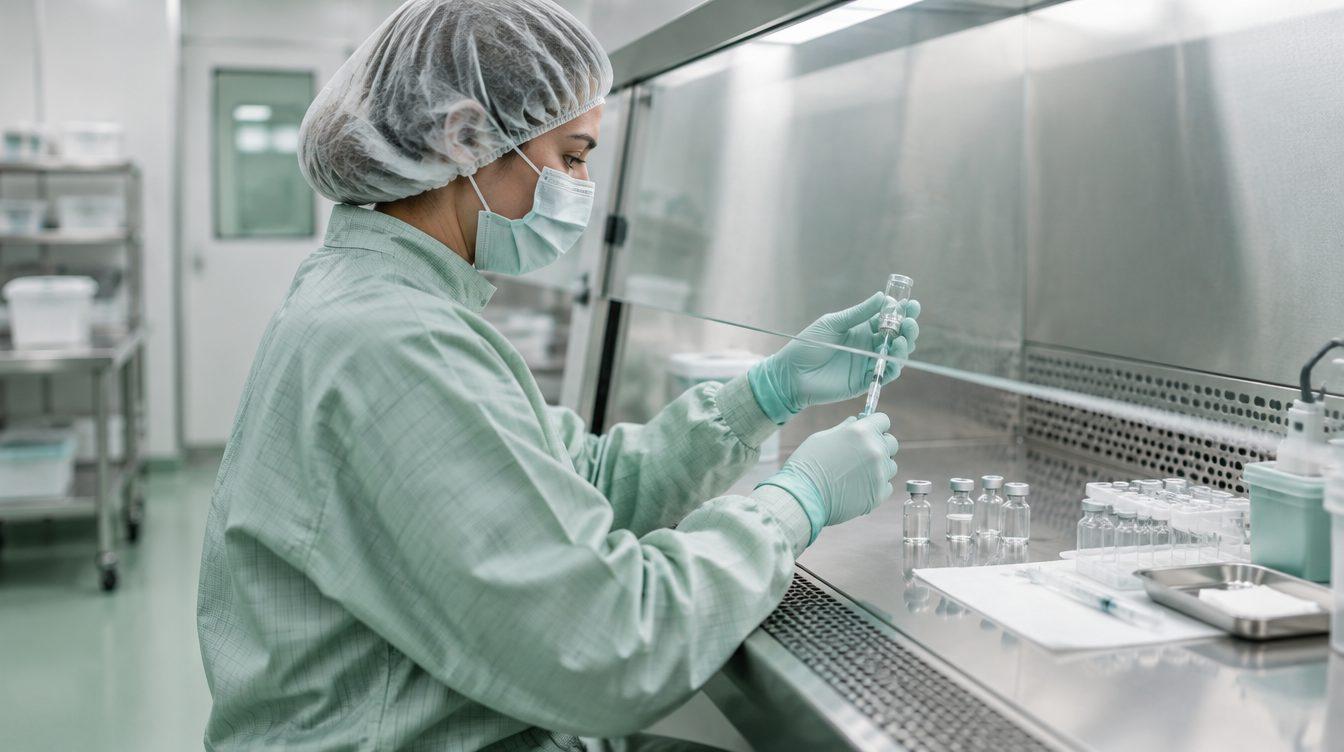 Pharmacist in protective gear working at a sterile compounding hood