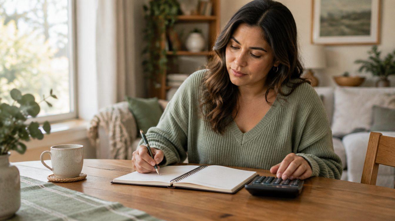 Mujer revisando los gastos del hogar con una calculadora
