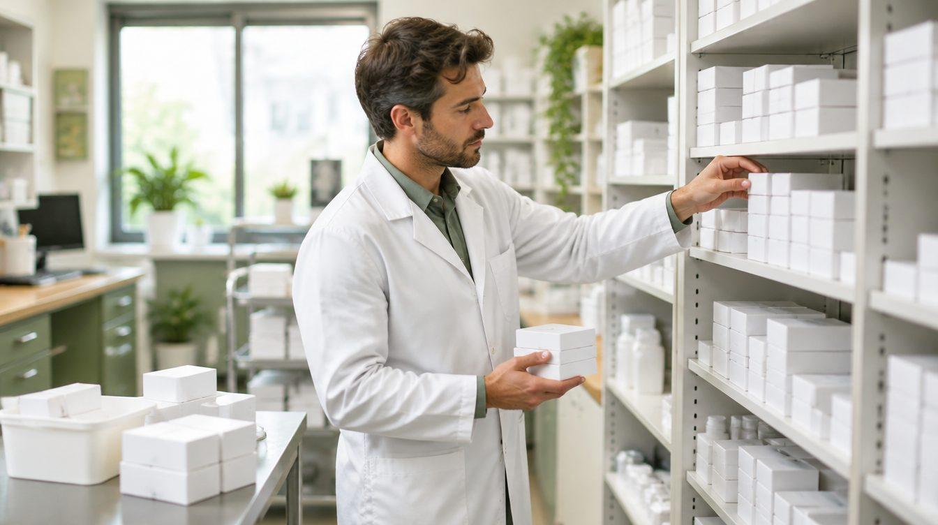 Pharmacist restocking medication shelves