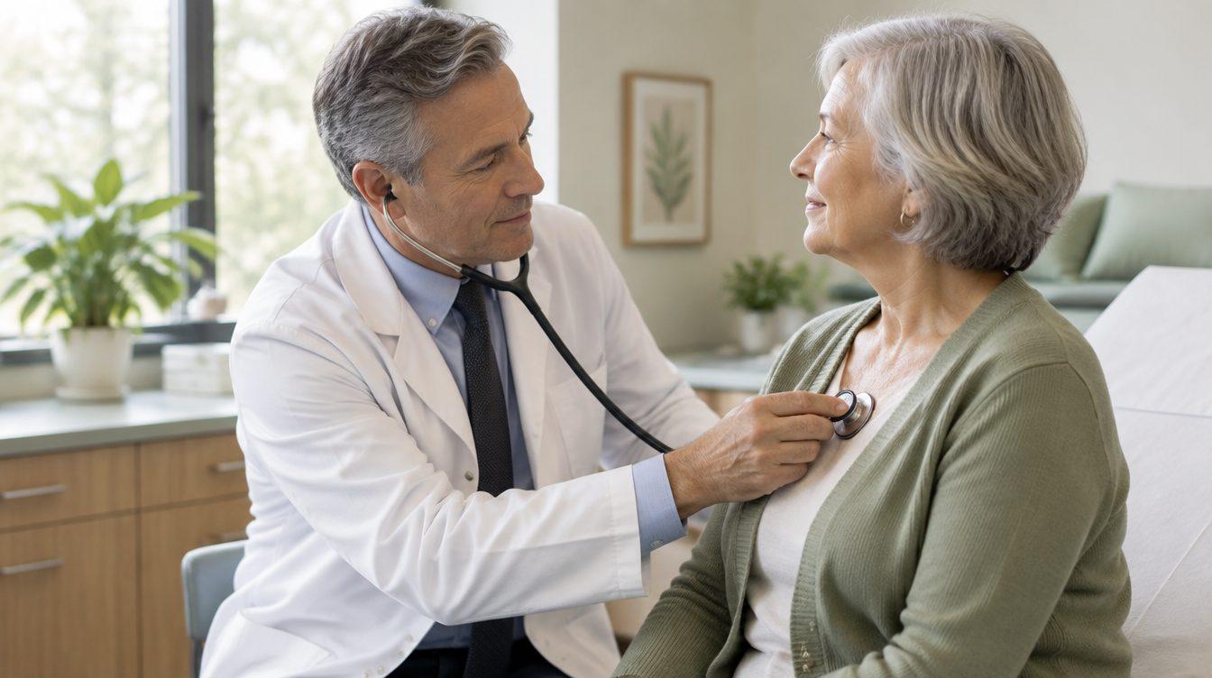Cardiologist listening to an older woman's heart with a stethoscope
