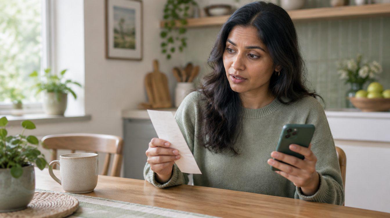 Woman comparing a pharmacy receipt with her phone