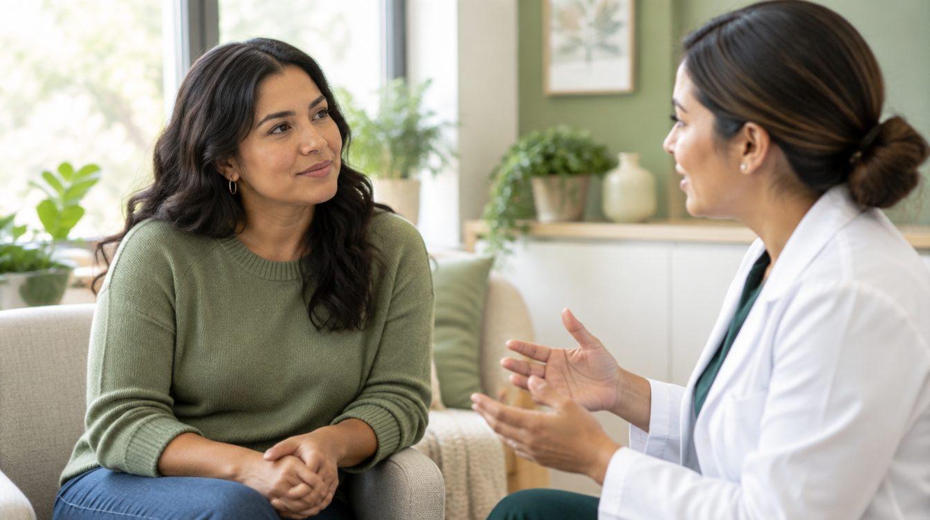 Mujer latina conversando con su médica en un consultorio
