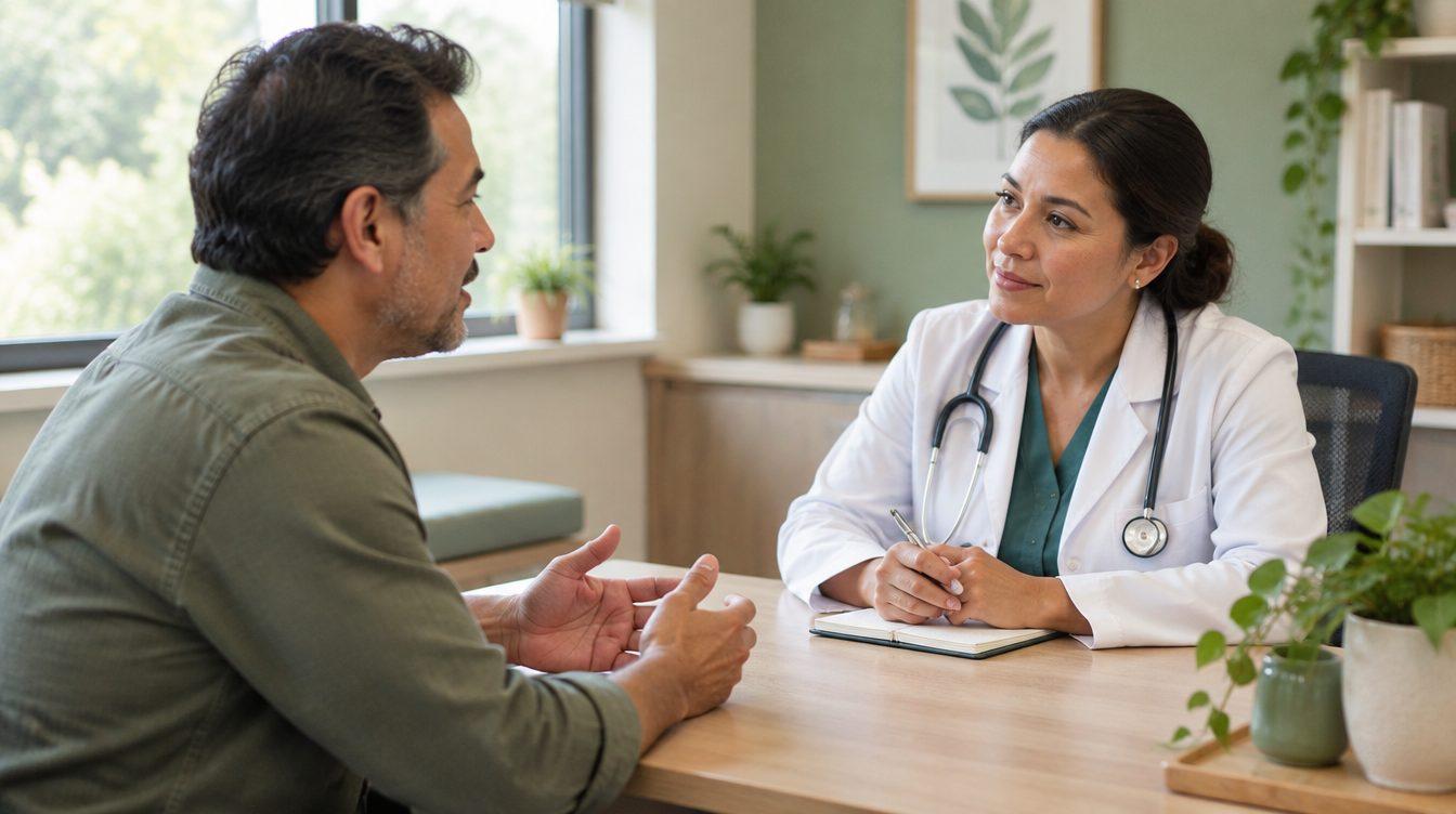 Hombre latino conversando con su médica en un consultorio