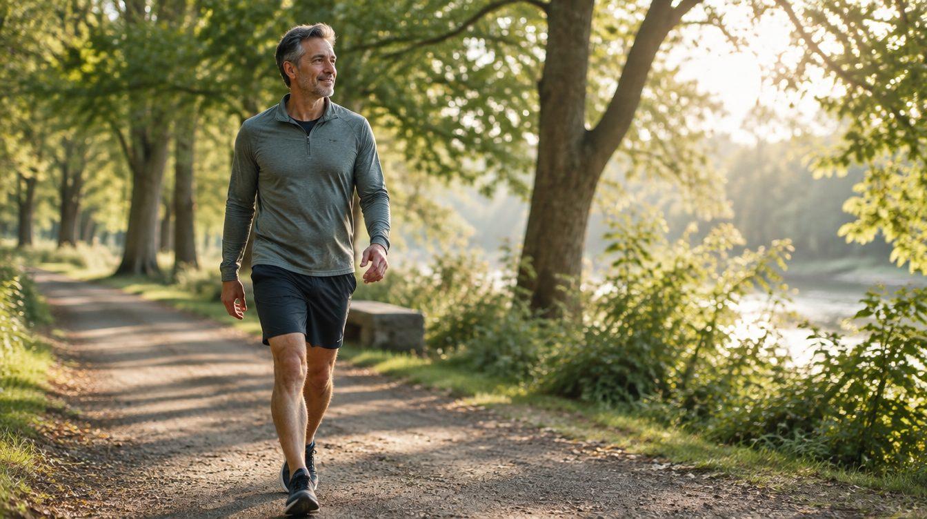 Man walking on a tree-lined park trail in the morning