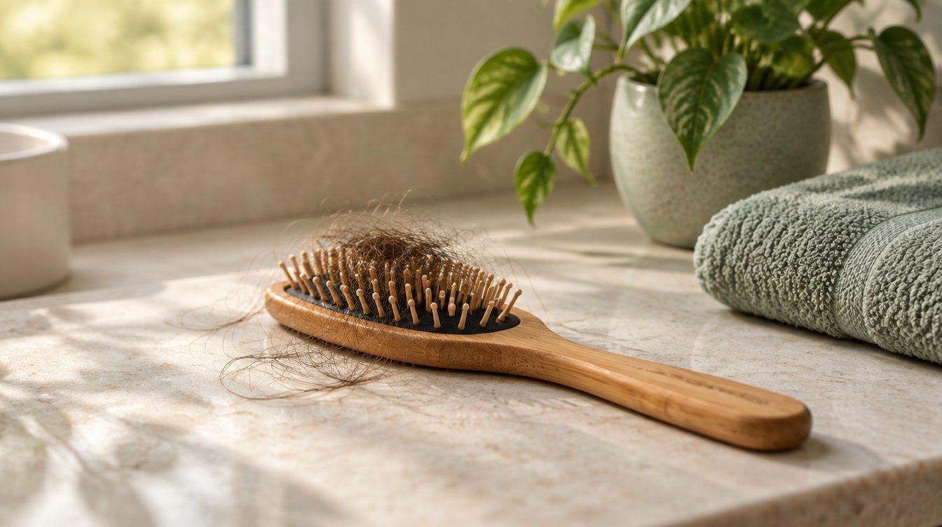 Wooden hairbrush with shed hair strands on a bathroom counter