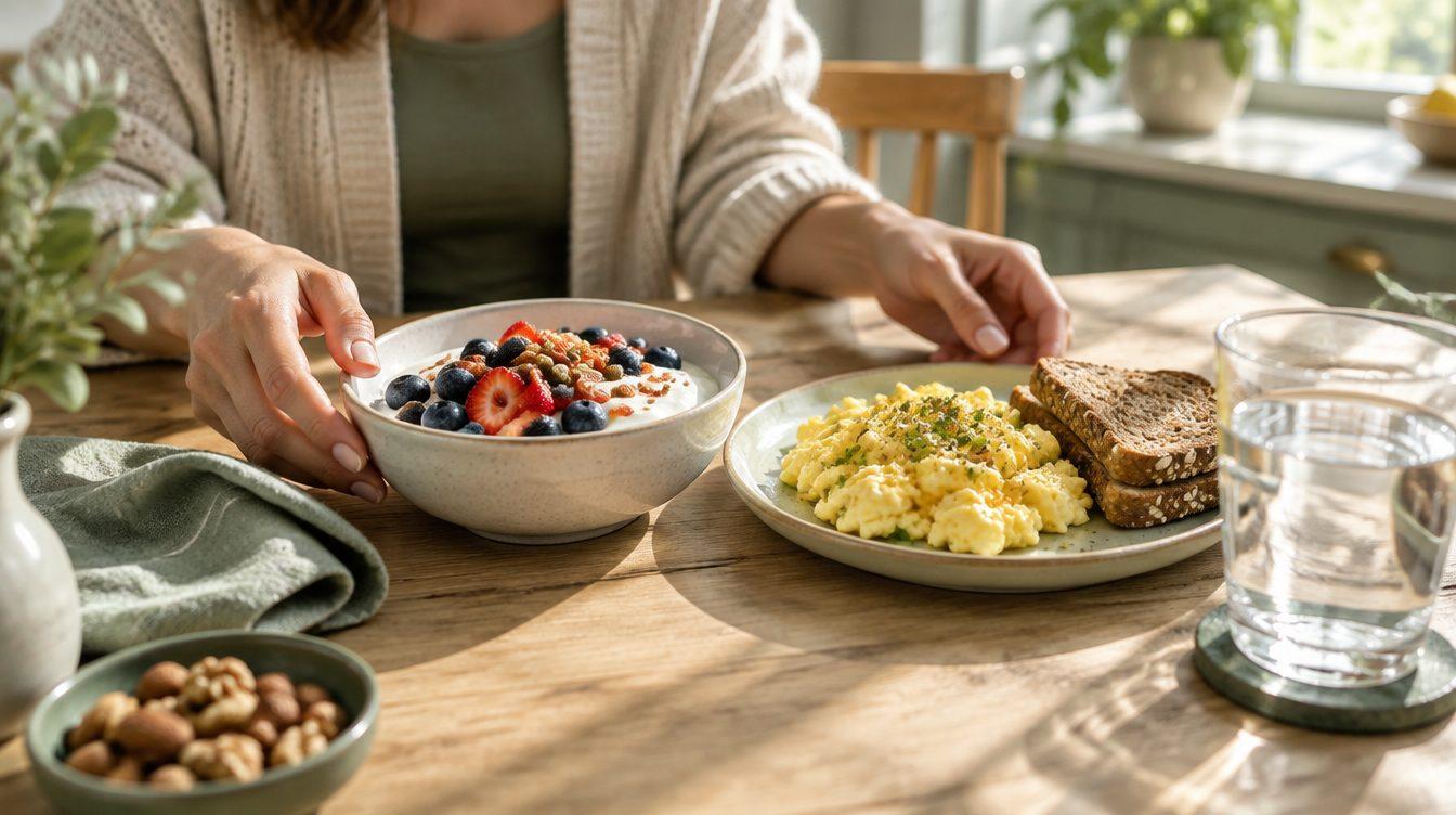 Protein-rich breakfast of eggs, Greek yogurt with berries, nuts, and toast
