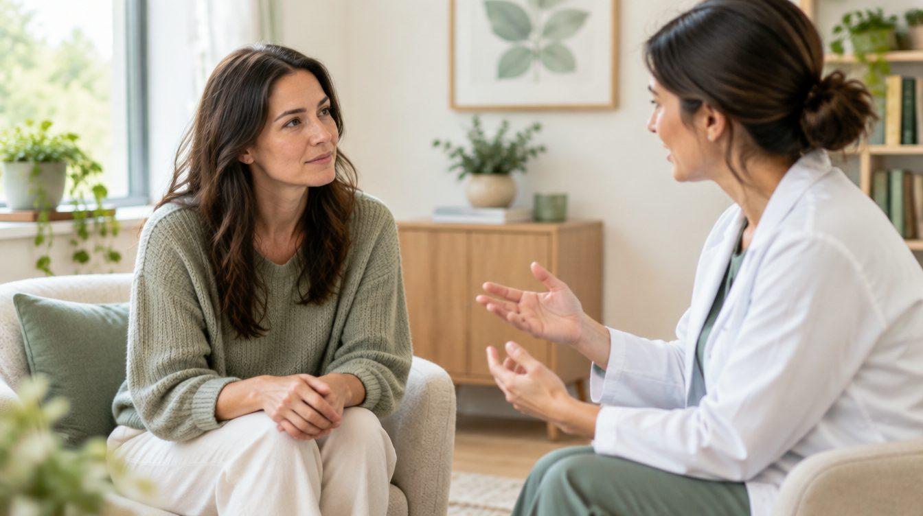 Patient talking with a clinician across a desk in a bright consultation room