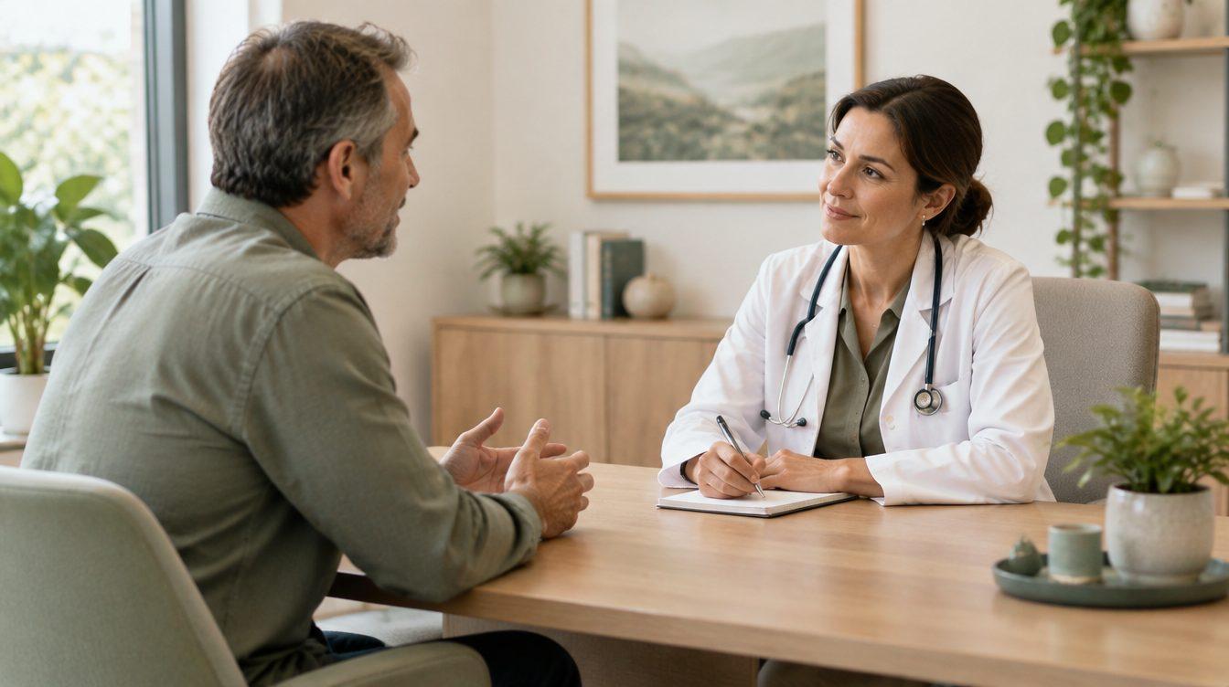 Man in his forties talking with his physician in a consultation room