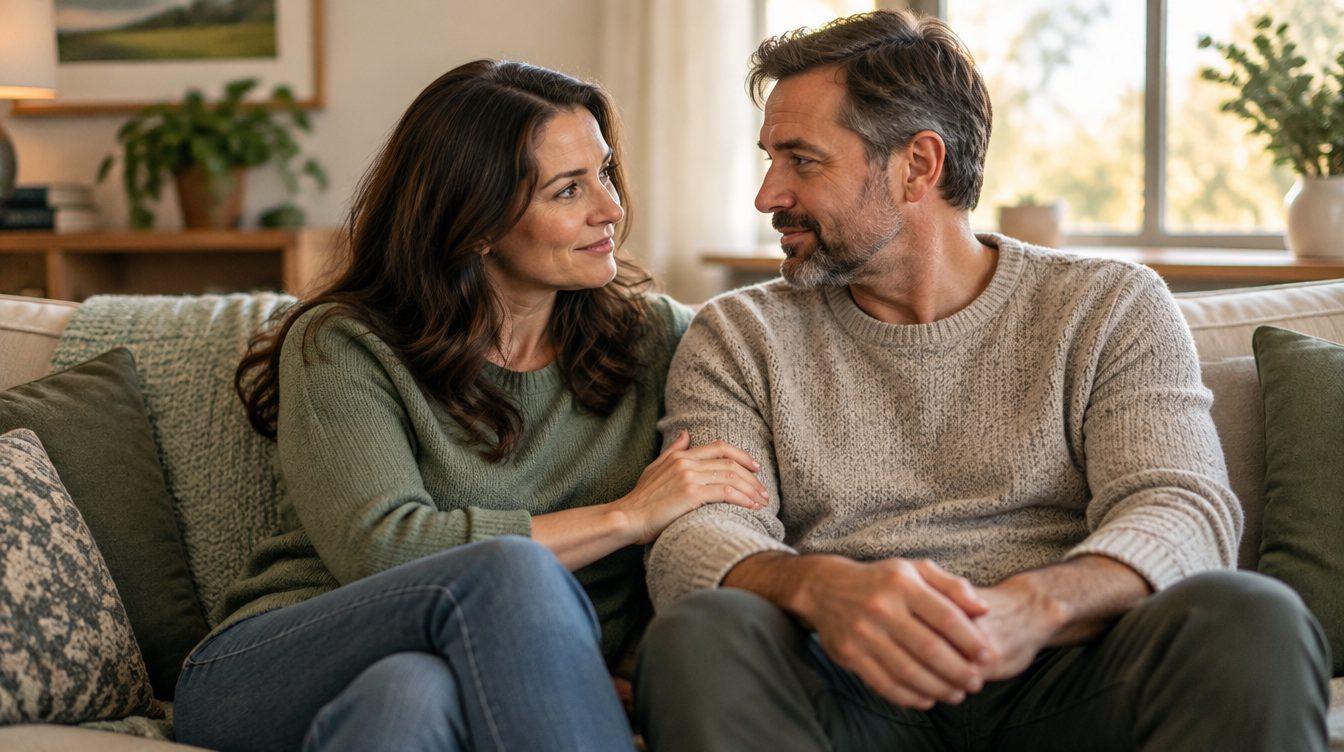 Couple in their forties sitting together on a couch in conversation