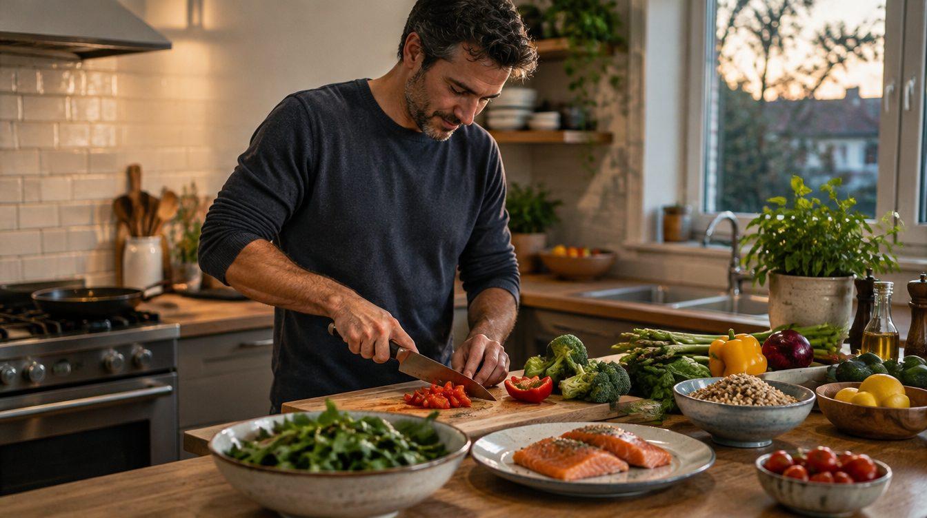 Man in his forties preparing a balanced meal with vegetables and lean protein at a kitchen counter