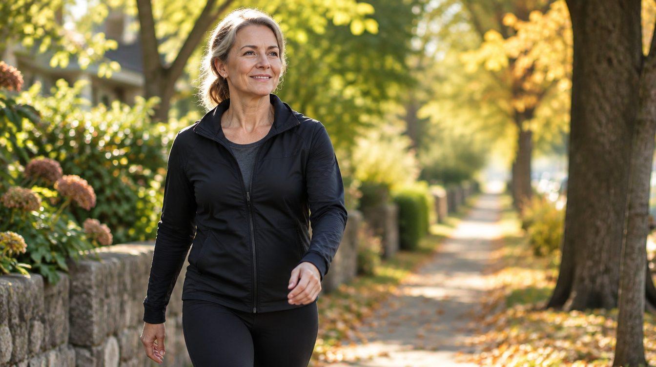 Woman in her fifties walking along a tree-lined path in autumn light