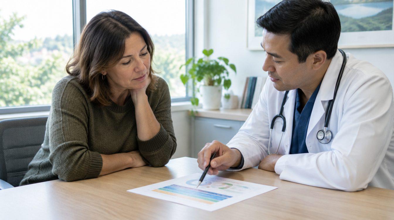 Patient and healthcare provider reviewing a printed chart together in a bright consultation room