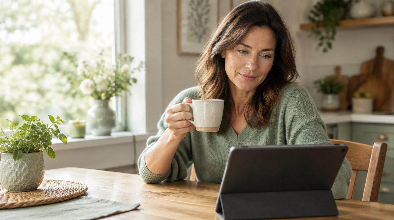 Woman reading at a sunlit kitchen table with a cup of tea