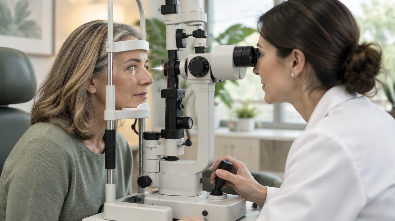 Woman having an eye exam at a slit lamp with an ophthalmologist