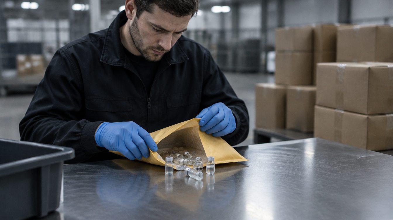 Inspection officer in gloves opening a padded envelope of vials at a warehouse table