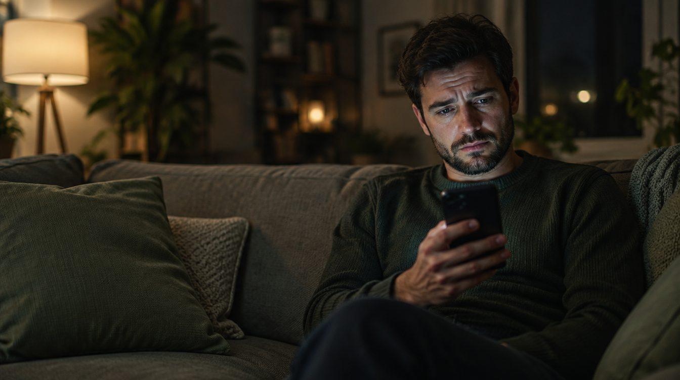 Man looking uneasily at his phone on a couch at night