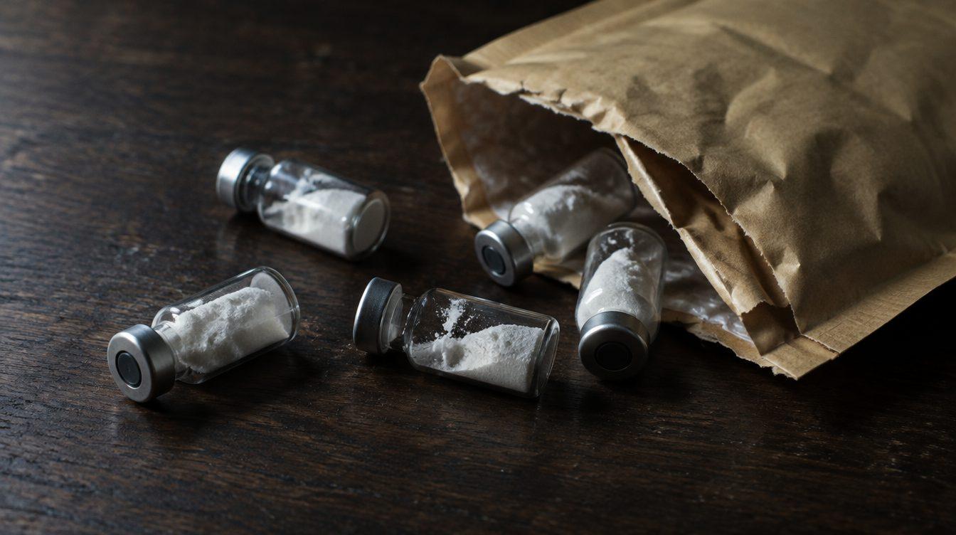 Unlabeled glass vials of white powder spilling from a padded mailer
