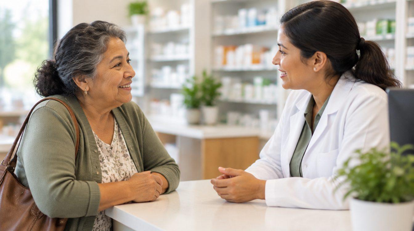 Señora conversando con una farmacéutica en el mostrador