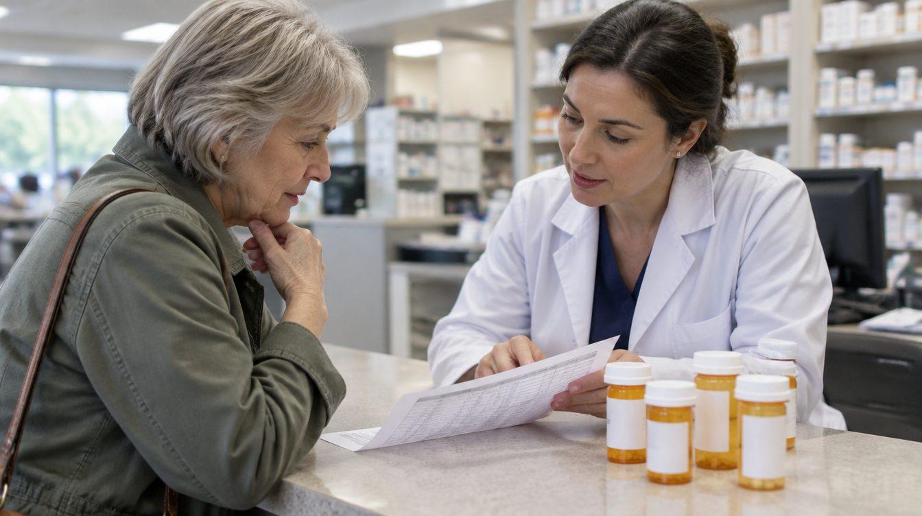 Older woman reviewing a printed medication list with a pharmacist at a pharmacy counter