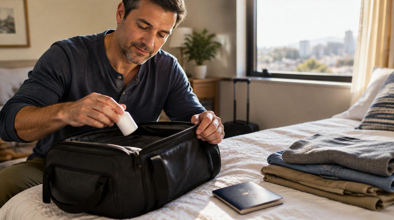 Man packing a small pill bottle into a carry-on bag beside a passport