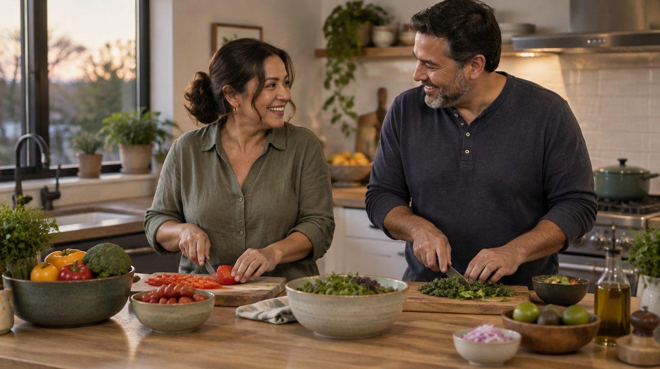 Pareja latina cocinando una cena saludable en casa