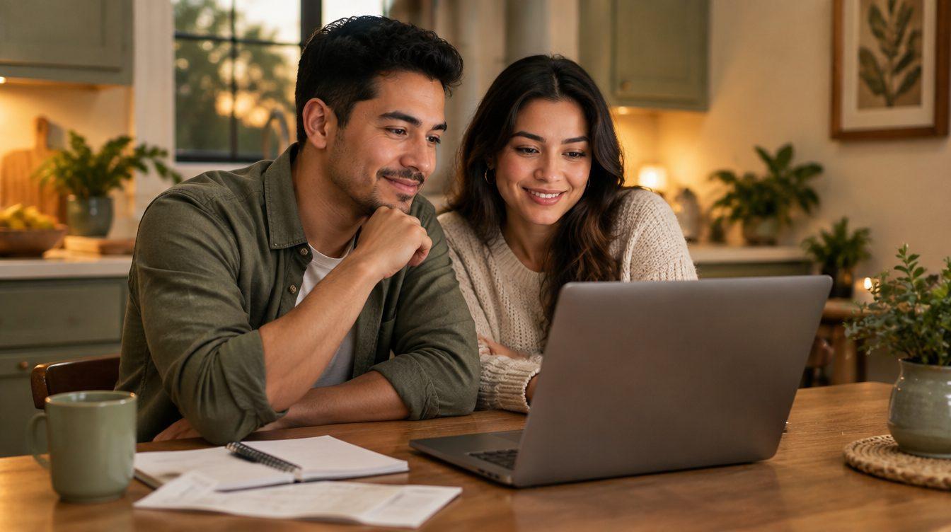 Pareja joven revisando su presupuesto en una computadora portátil
