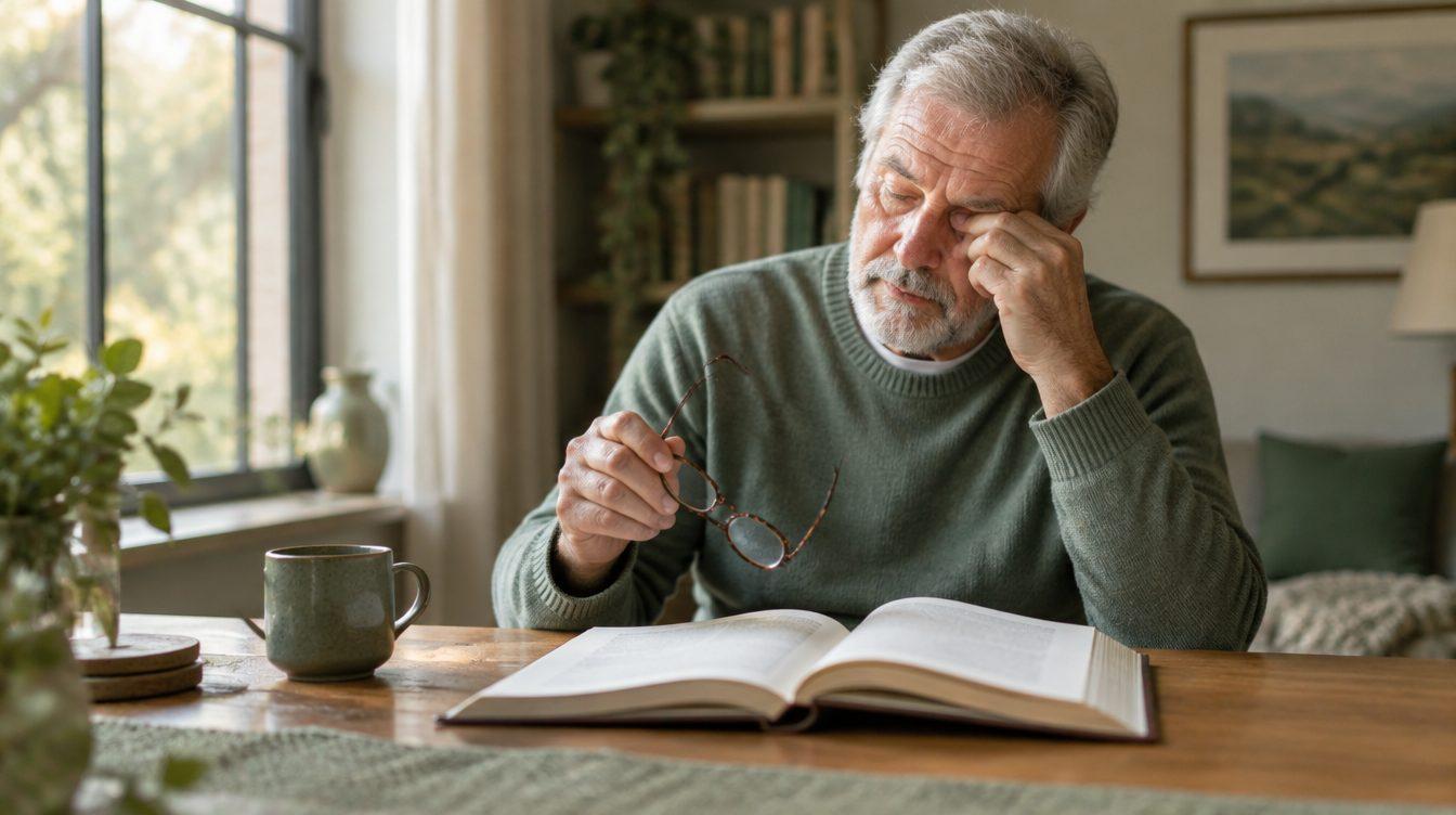 Older man holding his reading glasses and rubbing one eye at a table