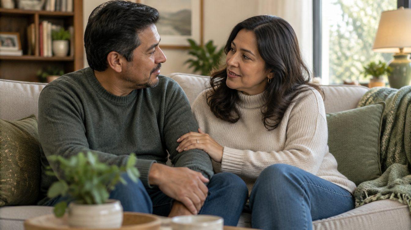 Pareja latina conversando en el sofá de su casa