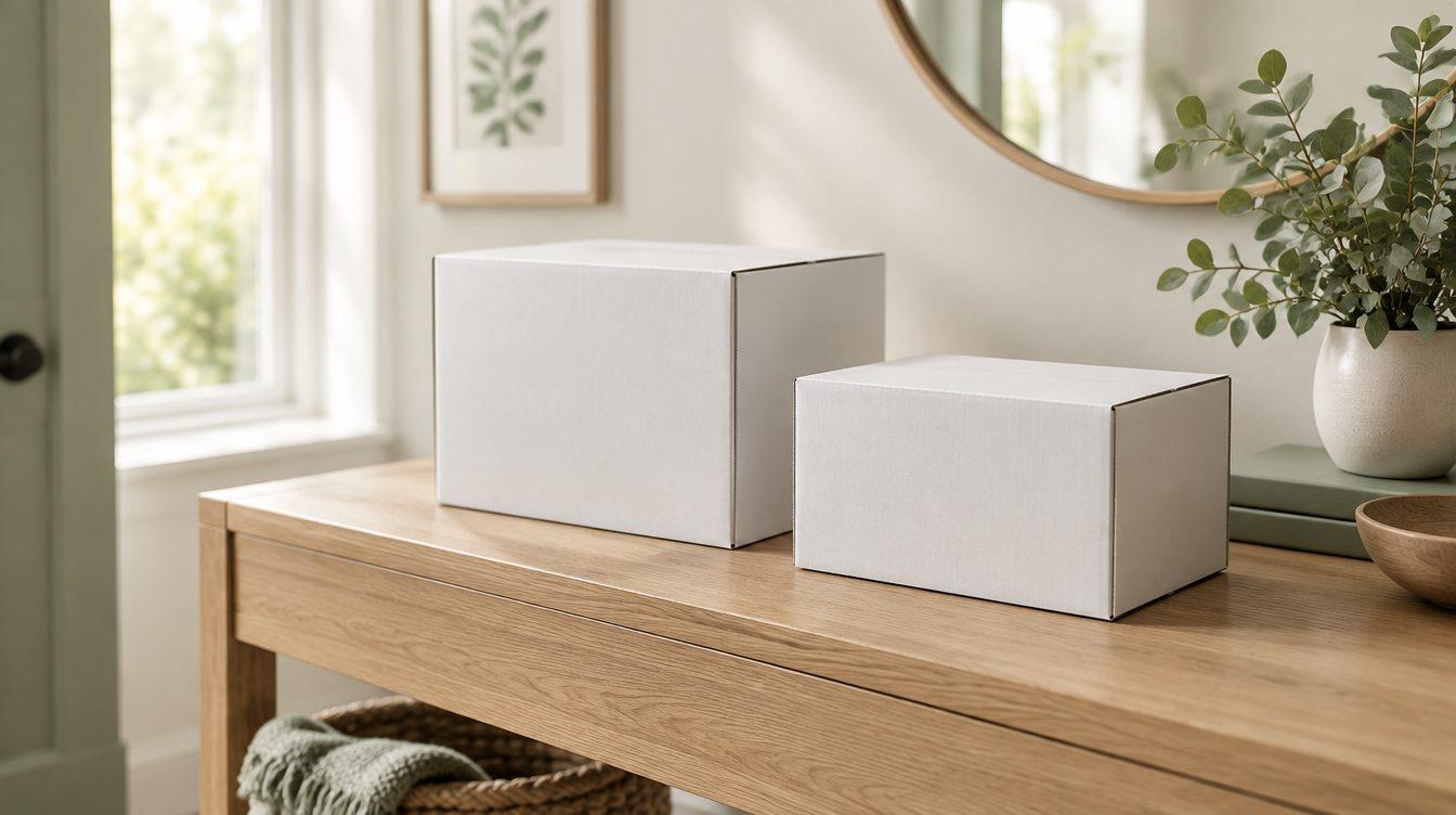 Two plain white shipping boxes on an entryway table