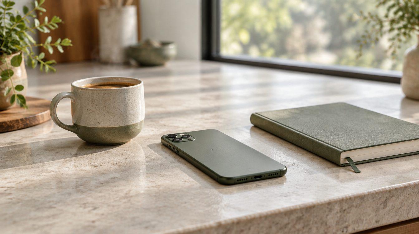 Smartphone, coffee cup, and notebook on a kitchen counter