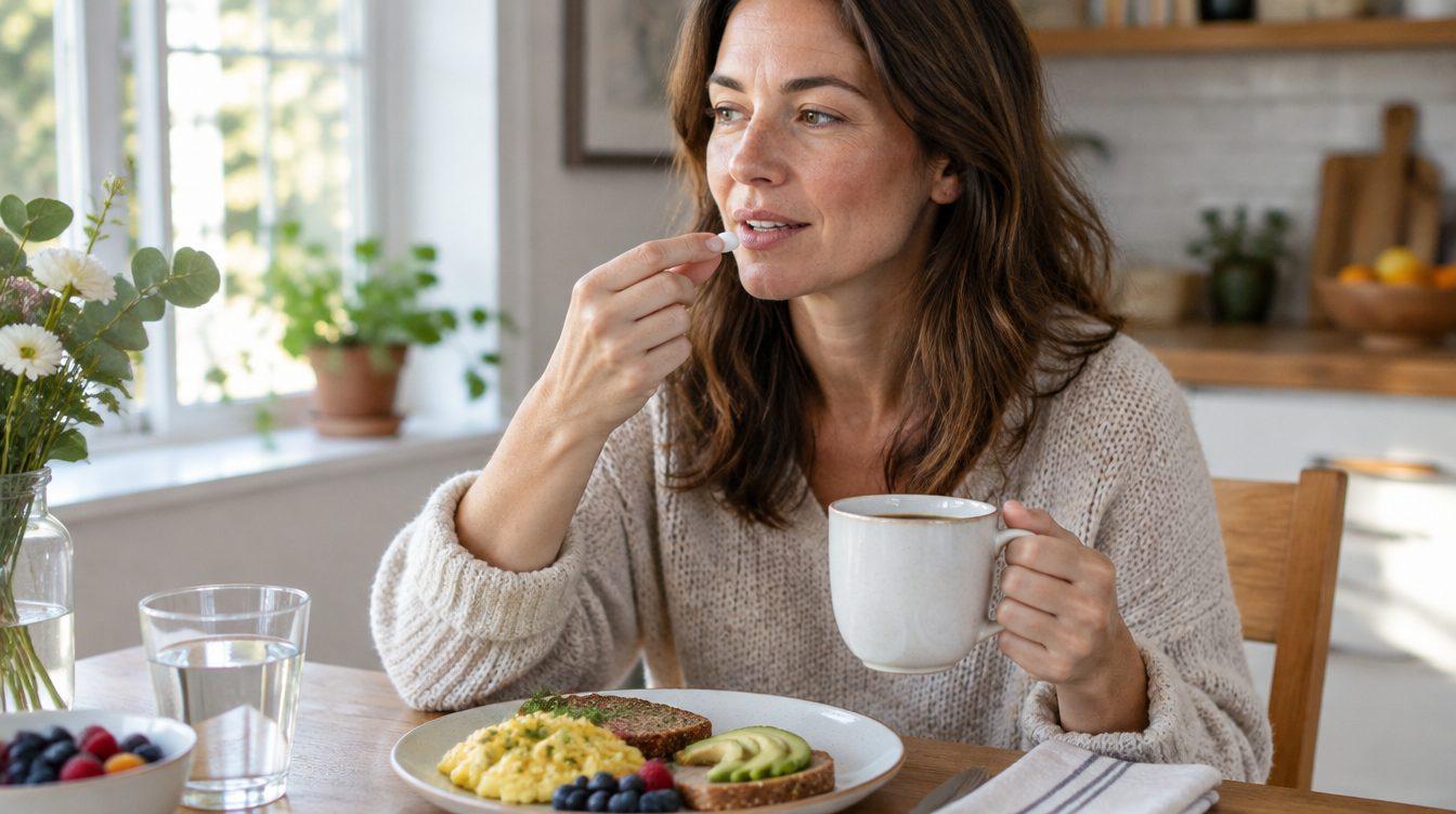 Woman in her thirties taking a tablet with coffee and breakfast at a sunlit table