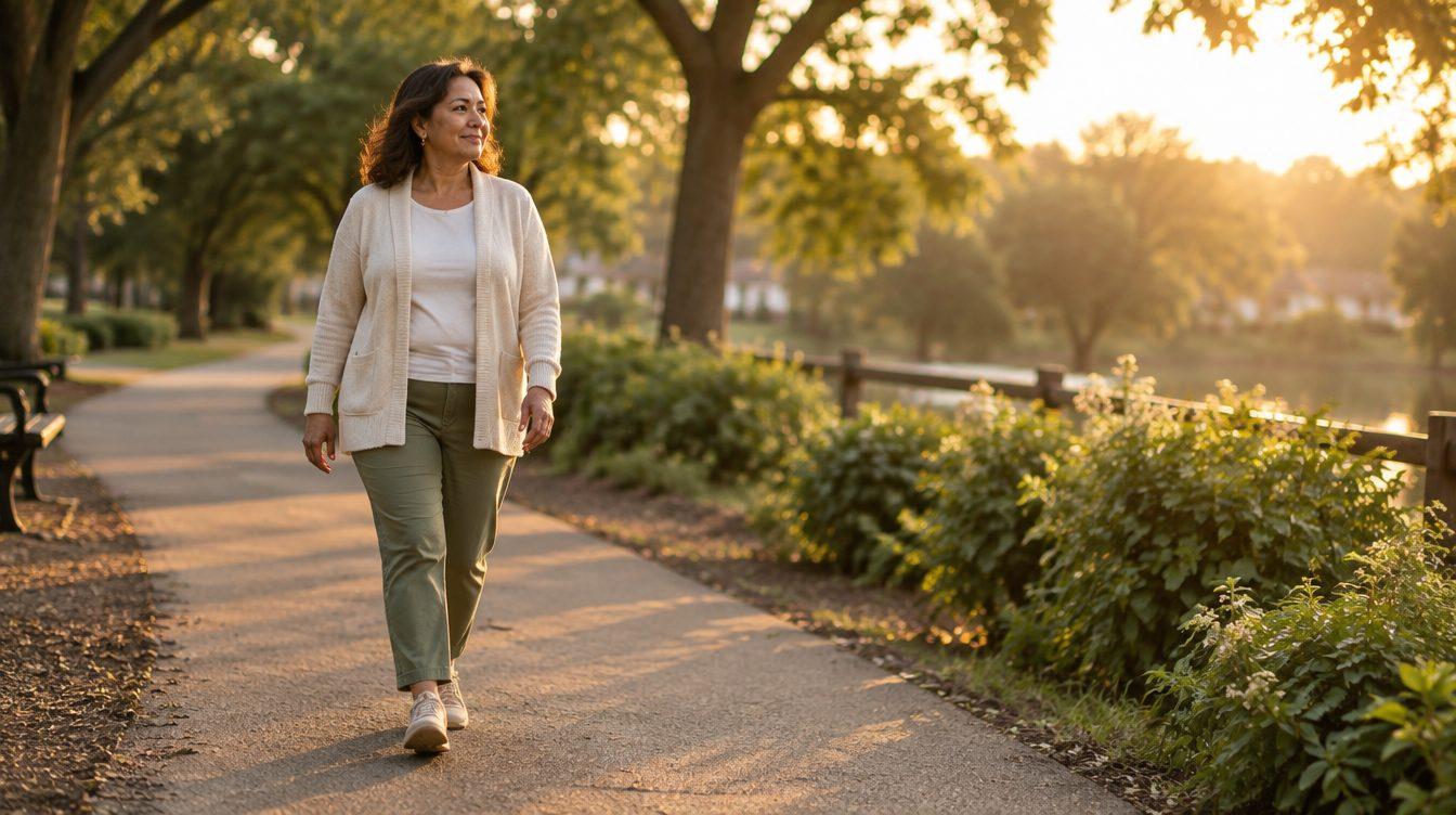 Mujer caminando por un parque al atardecer
