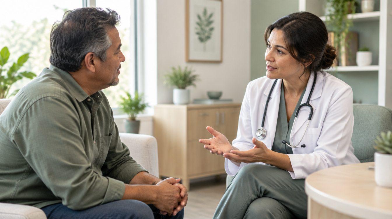 Hombre latino conversando con su médica en una consulta
