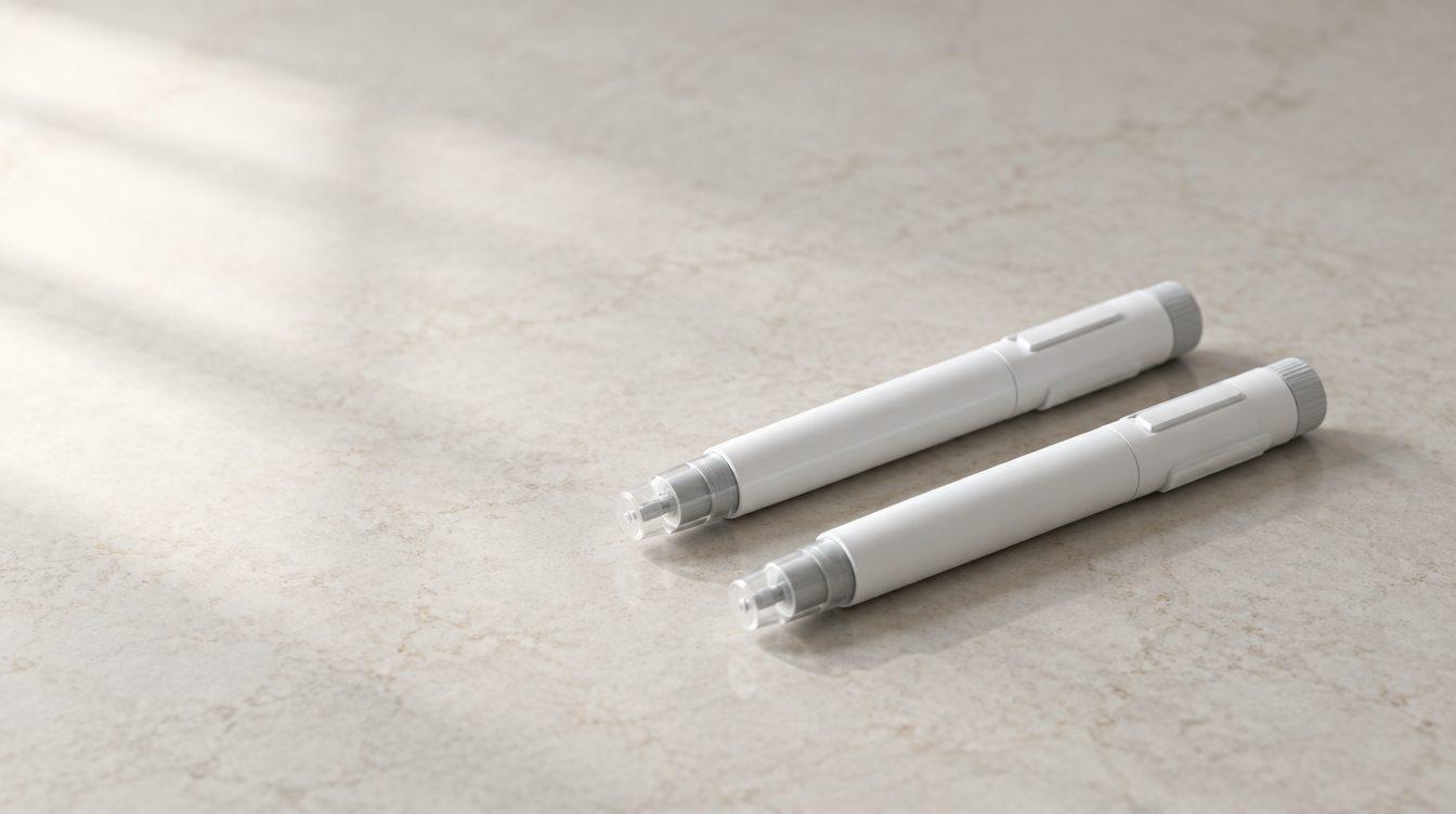 Two unbranded weekly injection pens side by side on a clean countertop
