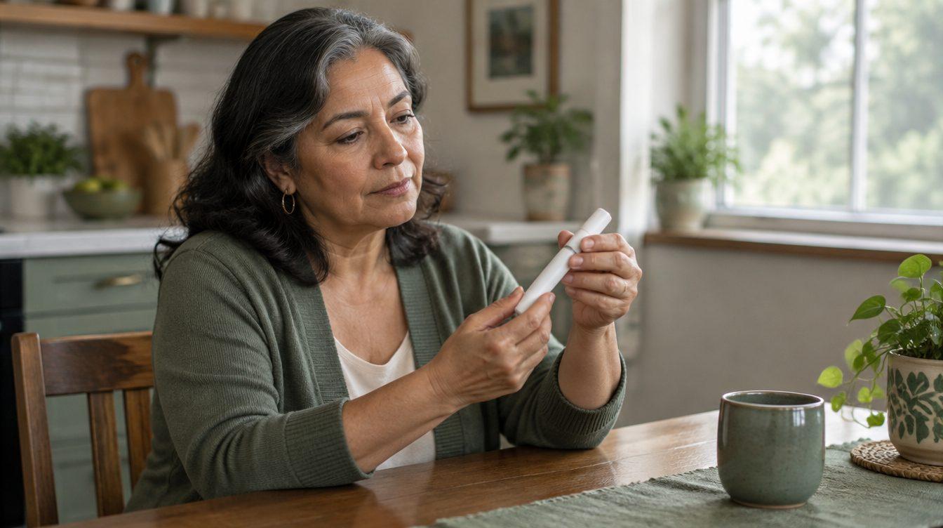 Woman examining a weekly injection pen at her kitchen table