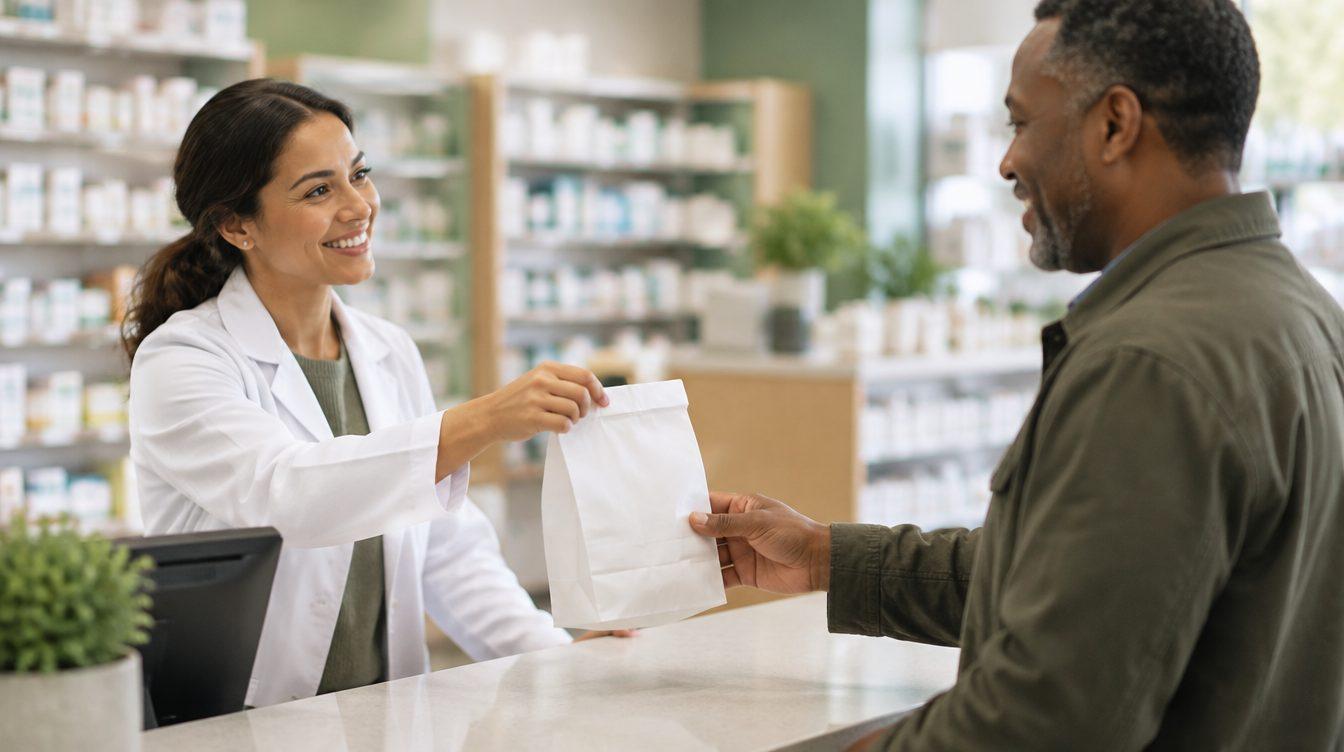 Pharmacist handing a prescription bag to a customer across the counter