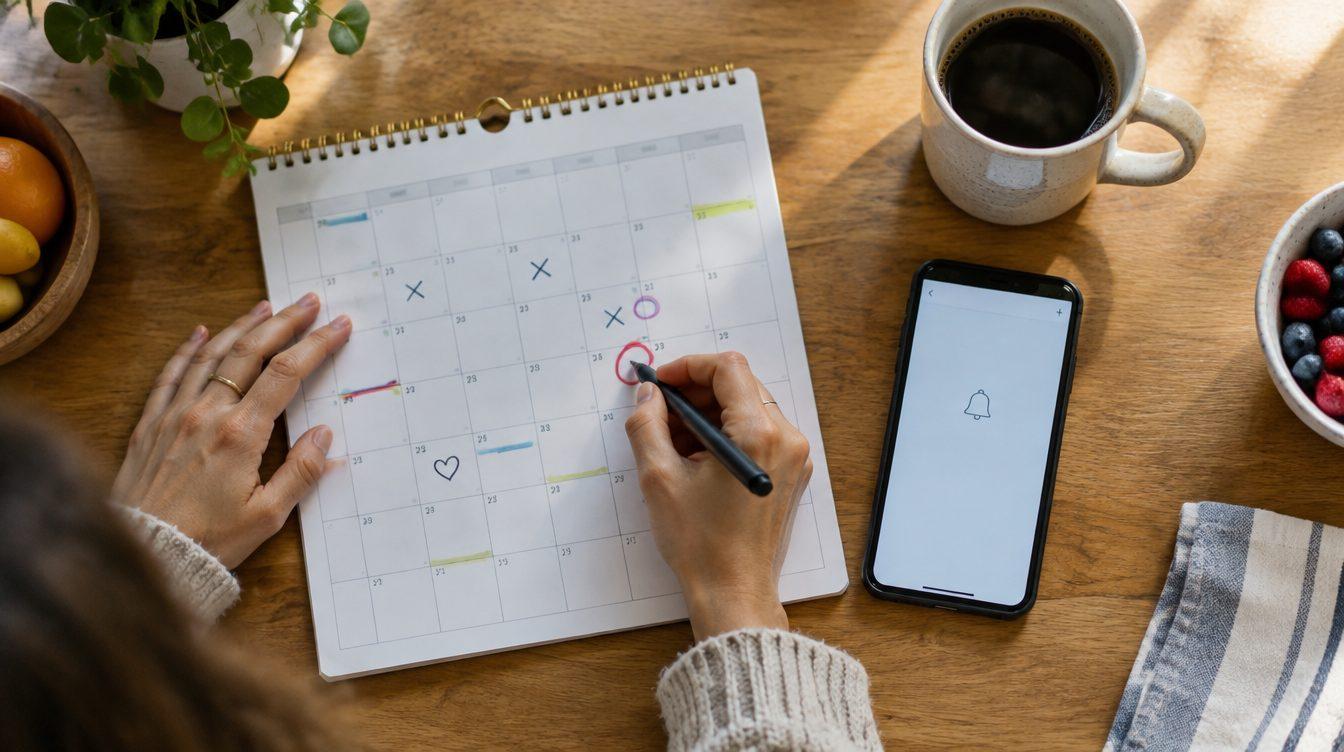 Overhead view of hands marking a wall calendar next to a phone and a cup of coffee