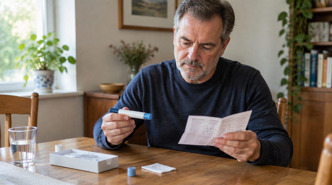 Man in his fifties at a dining table reading the instruction leaflet for an injector pen