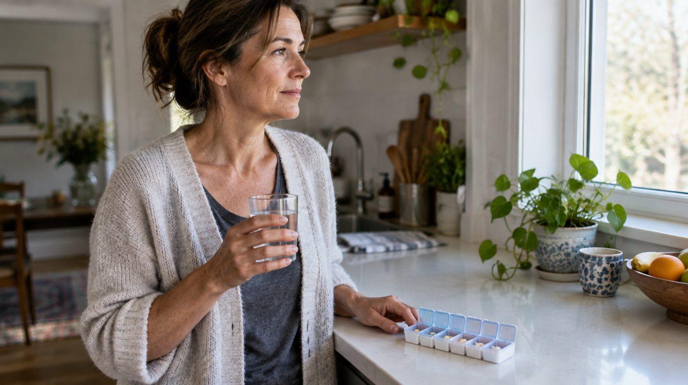 Woman in her forties at a sunlit kitchen counter with a glass of water and a weekly pill organizer